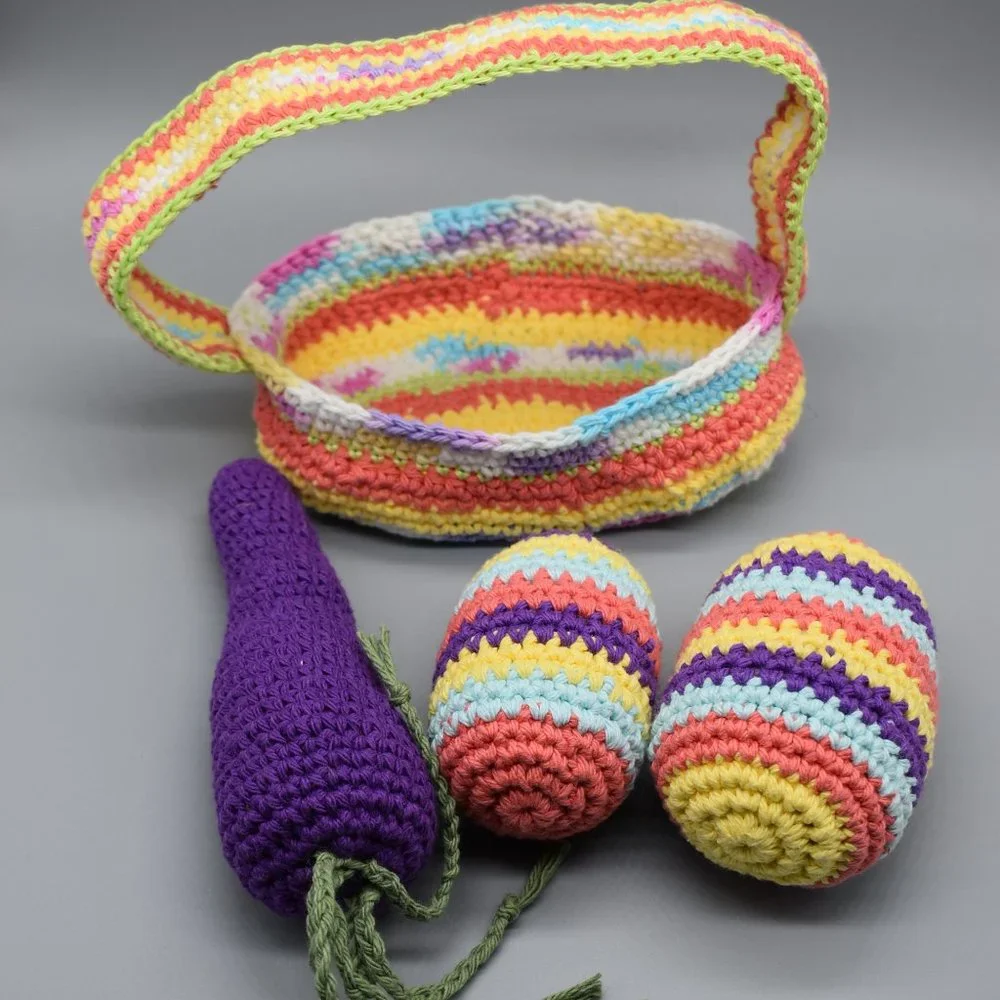 Hand Crafted Crochet Kitty Cat Easter Basket With Catnip Eggs and Carrot Toys